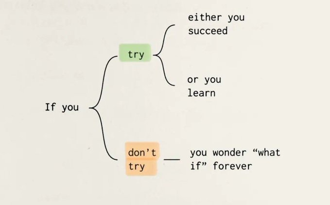 A minimalist motivational diagram showing a decision tree: 'If you' branches to either 'try' (leading to 'you succeed or you learn') or 'don't try' (leading to 'you wonder "what if" forever').
