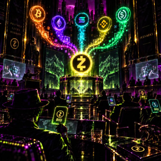 A vibrant, neon-lit digital illustration depicting a crypto auction scene featuring Zcash at the center, with bidders placing offers connected to other cryptocurrencies like Bitcoin, Ethereum, Solana, and USDC.