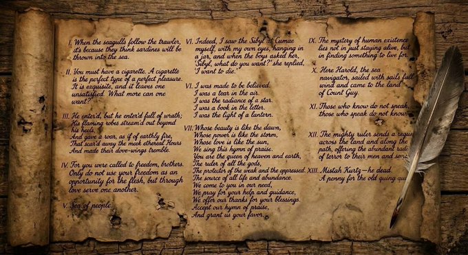 An aged scroll with burn marks displaying the 14 principles of the Satanic Temple written in gothic script, with a quill pen resting on the right side.