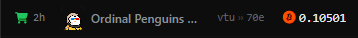 A partial view of an NFT marketplace listing for 'Ordinal Penguins' priced at 0.10501 with 70e bids, shown 2 hours ago.