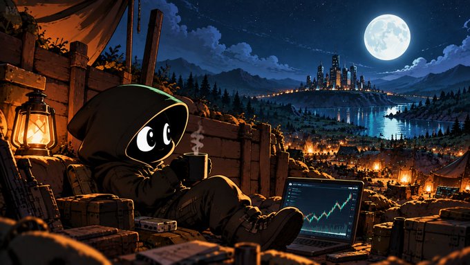 A hooded cartoon figure sips from a steaming mug beside a glowing lantern and laptop displaying a green chart, overlooking a moonlit cityscape. The cozy "trenches" scene visualizes the post's message of grinding through Friday night crypto work after airdrops and community rewards—quiet dedication before the next big move.