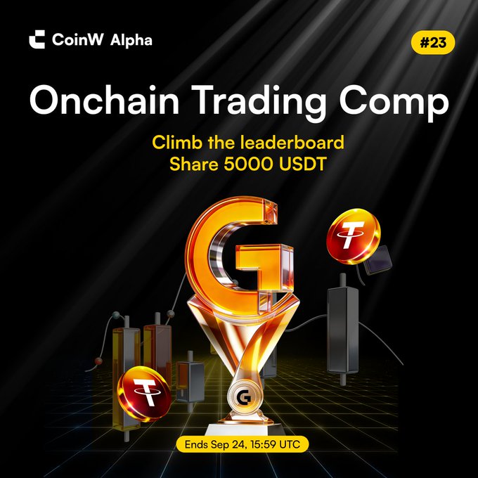 A promotional graphic for CoinW Alpha's "Onchain Trading Comp #23," featuring a glowing 3D trophy with USDT coins and text announcing a 5,000 USDT prize pool ending September 24 at 15:59 UTC, which aligns with the accompanying post about the trading competition giveaway.