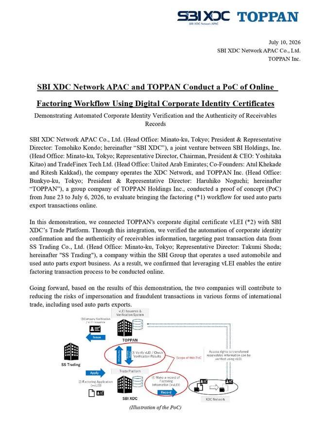 A press release document dated July 10, 2026, titled 'SBI XDC Network APAC and TOPPAN Conduct a PoC of Online Factoring Workflow Using Digital Corporate Identity Certificates,' featuring a flowchart at the bottom.