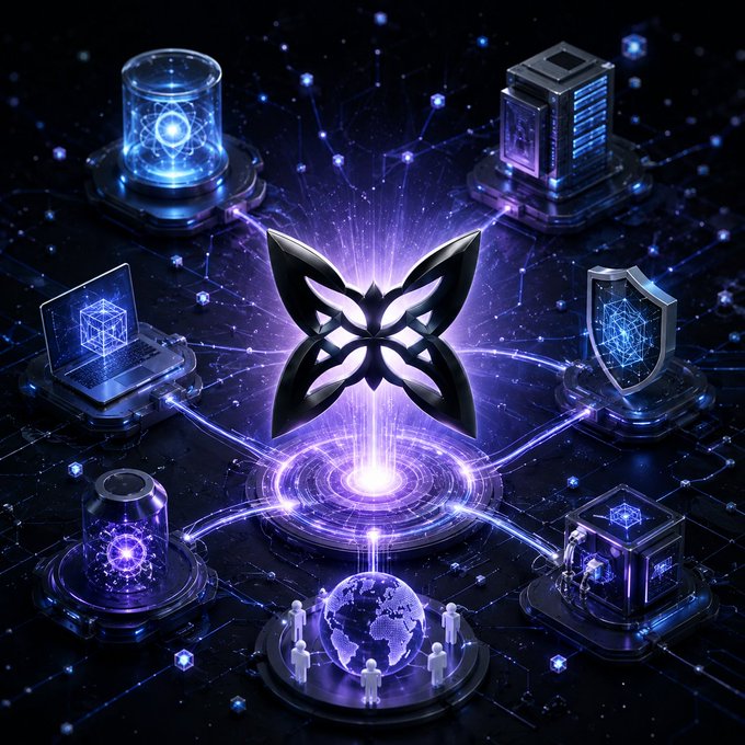 A futuristic digital artwork featuring a glowing purple butterfly emblem in the center, connected by light beams to various icons including a globe, a shield, a server, and a laptop, set against a dark starry background.