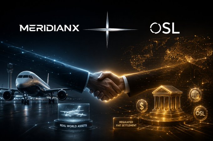 A promotional graphic depicting a handshake between two business figures, labeled 'MERIDIANX' and 'OSL', with visual elements representing 'REAL WORLD ASSETS', 'REGULATED FIAT SETTLEMENT', an airplane, a courthouse, and a world map.