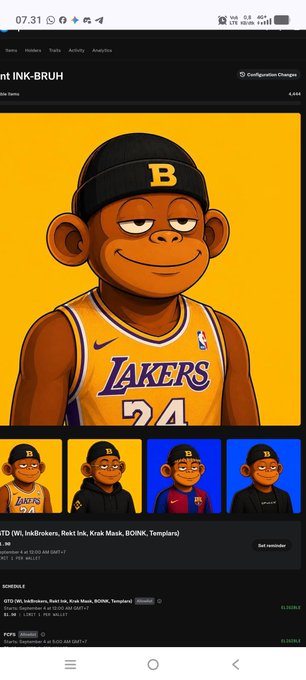 A digital collectible NFT page titled 'int INK-BRUH' featuring a cartoon monkey character wearing Lakers jersey #24 and a black beanie with 'B' logo, with thumbnails showing variants including InkBroke, Rakt Ink, Krak Mask, BORK, and Templar.
