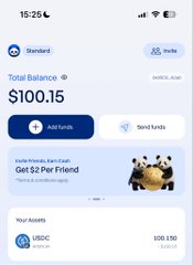 A mobile banking app screenshot showing a "Standard" account with a "Total Balance" of "$100.15" and a referral offer to "Get $2 Per Friend" from "Jasmita Robin's Kavya Cards".