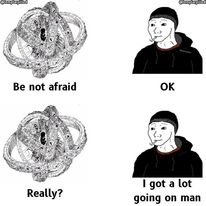 A four-panel Wojak-style meme featuring a complex spherical object with faces and the text 'Be not afraid', alongside a smoking Wojak with text 'OK', 'Really?', and 'I got a lot going on man'; watermarked with '@templarpllled'.