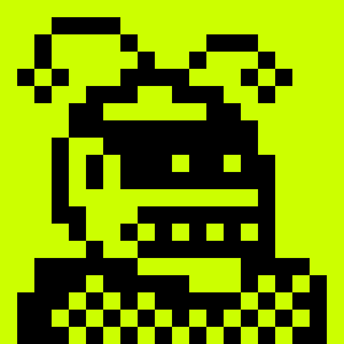 A black-and-yellow pixel art illustration of a robot or character with antennae, eyes, and a checkered base.