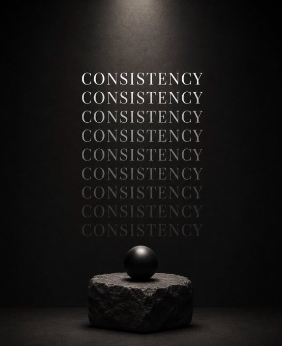 A dark motivational poster featuring the word 'CONSISTENCY' repeated nine times in fading text above a black sphere resting on a stone pedestal.
