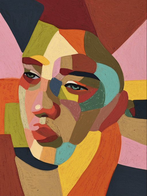 A vibrant, cubist-style portrait painting of a face constructed from geometric shapes in warm colors like orange, yellow, red, and green.