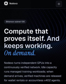 A promotional graphic for Nodexo on Bittensor subnet 106, featuring the headline "Compute that proves itself. And keeps working. On demand." The image relates to the post by highlighting how Nodexo lets users lock their Alpha tokens to earn GPU compute credits daily while still generating staking yield, with idle capacity running managed training workloads.