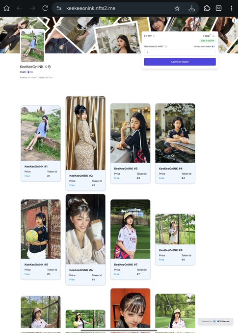 A screenshot of a website 'keekeeonink.nfts2.me' displaying a collection of NFT images featuring a young woman in various poses, with token IDs ranging from #1 to #9.