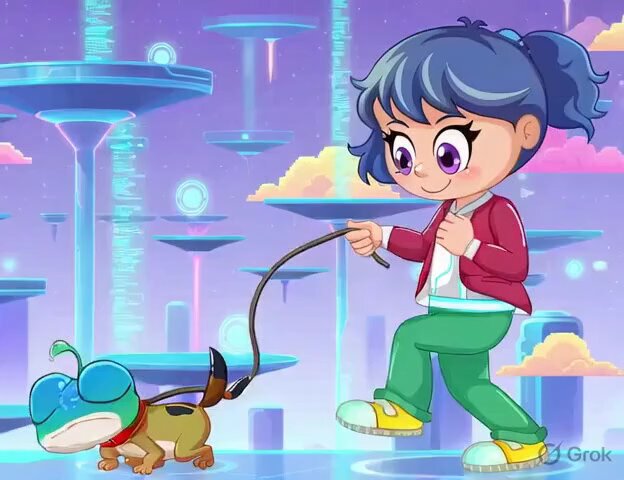 The image features a cartoon girl walking her dog, who has a blue collar with a green tag. The girl is wearing a red jacket and green pants while holding onto the leash of the dog. In the background, there are floating islands that appear to be made up of circles or spheres, giving an impression of a futuristic cityscape. The caption for the image reads: "GM legends $RIVER revolution solid #River @RiverdotInc @River4fun".