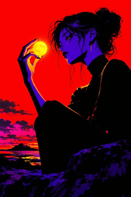 A stylized digital illustration of a woman in silhouette holding a glowing yellow orb against a vivid red sky and purple clouds over a rocky coastline at sunset.