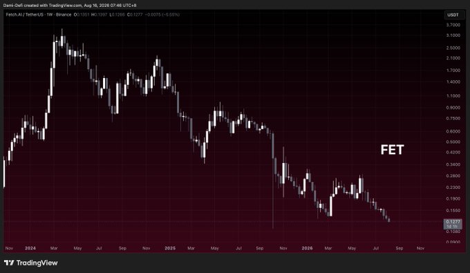 A weekly FET/USDT chart on Binance from TradingView shows the Fetch.ai token's price declining from a peak near $3.70 in early 2024 to around $0.1377 by August 2026. The steep downtrend visually reinforces the poster's commitment to dollar-cost averaging into the dip, illustrating the lower prices at which they've been accumulating despite significant unrealized losses.