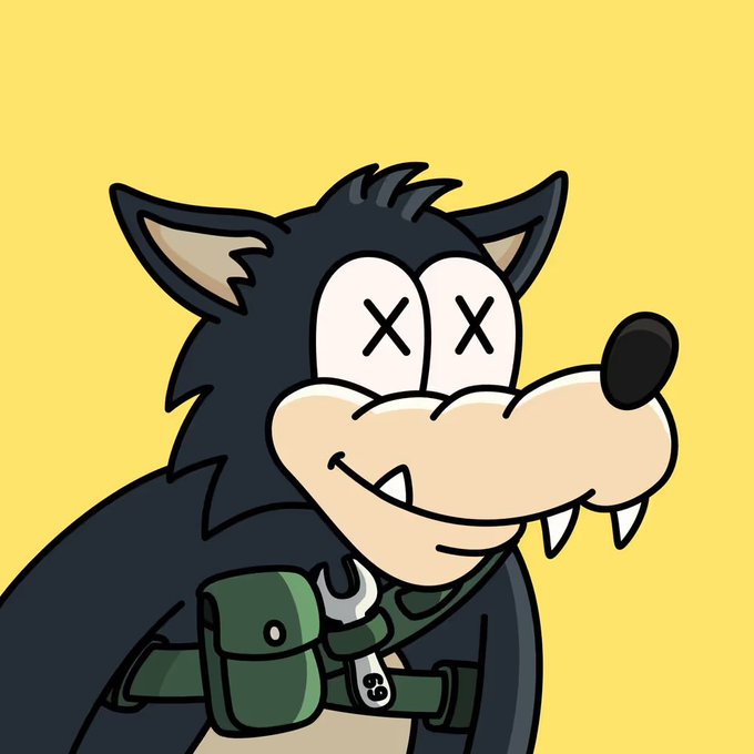 A cartoon black wolf-like character with X's for eyes and a fanged grin holds up a green bait box, suggesting it has been "nibbled" by the hook in its mouth, playfully fitting the caption "Who got a nibble?"
