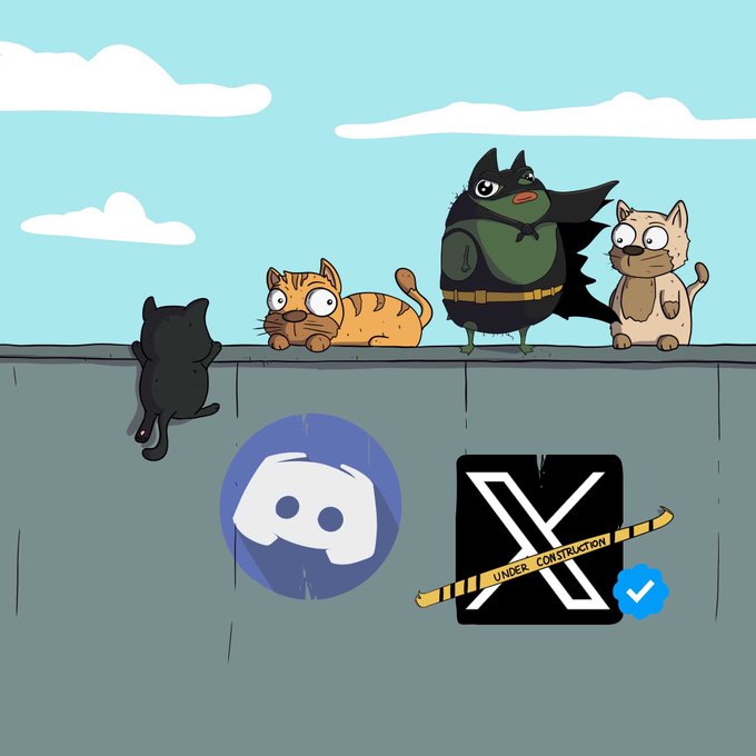 An illustration of four cartoon cats sitting on a ledge, including one dressed as Batman, with Discord and X (Twitter) logos below marked 'UNDER CONSTRUCTION'.