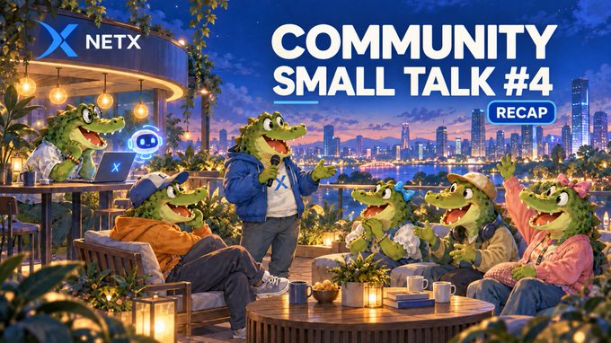 A promotional banner for 'NETX COMMUNITY SMALL TALK #4 RECAP' features an illustration of anthropomorphic crocodile characters gathered on a rooftop terrace with a city skyline and sunset in the background.