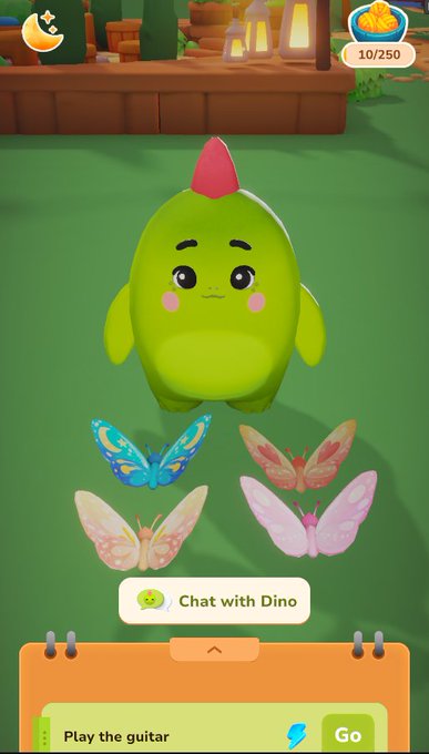 A screenshot from the mobile game 'Dino' showing a green cartoon dinosaur with a red crest, surrounded by colorful butterflies, with a 'Chat with Dino' button and a 'Play the guitar' option.