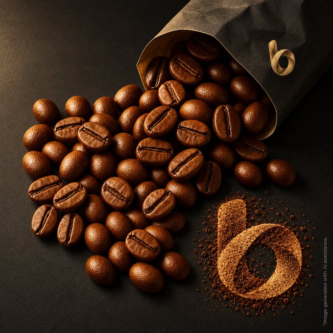 A spilled bag of glossy roasted coffee beans cascades onto a dark surface, with ground coffee shaped into the number "6" beside them. The image playfully echoes the "Gm" post by presenting a steaming "6"—as in the sixth hour of morning coffee tradition—reimagined in rich espresso grounds.