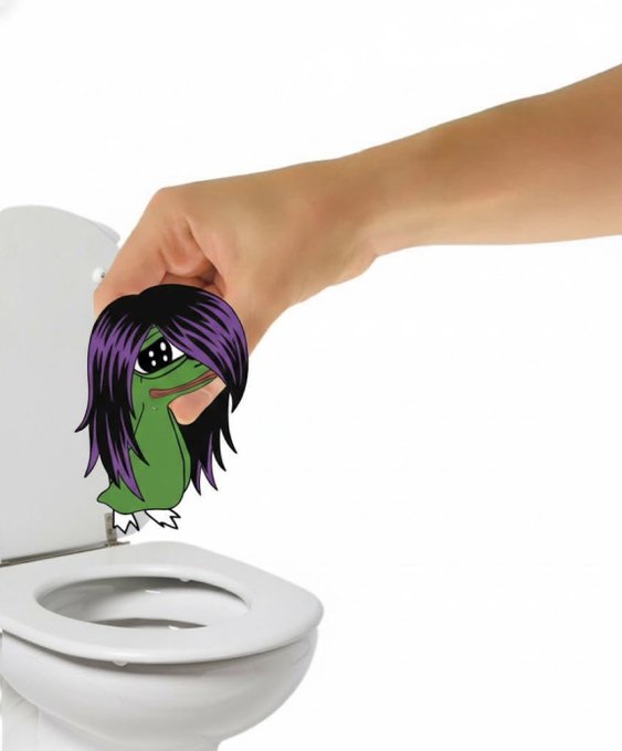 A digital illustration of a hand holding a green cartoon character with purple emo-style hair over a white toilet bowl.