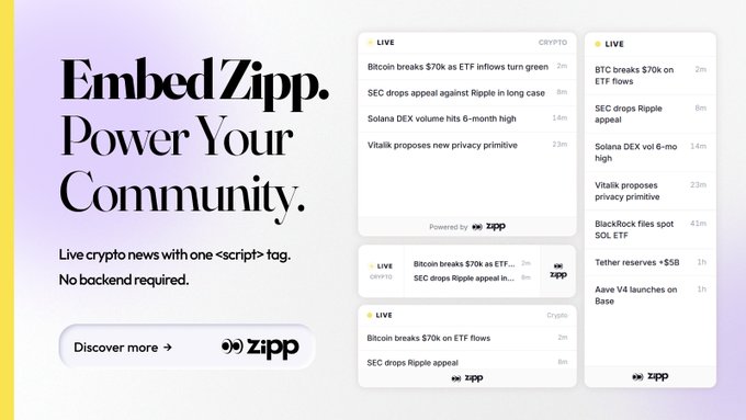 A promotional graphic for EmbedZipp by Zipp featuring the tagline "Power Your Community" alongside mockups of live crypto news widgets displaying headlines like "Bitcoin breaks $70k as ETF inflows turn green" and "SEC drops appeal against Ripple in long case," illustrating how the one-script-tag solution delivers real-time crypto content without backend requirements—directly supporting the message that Zipp handles the news so crypto products can focus on building.