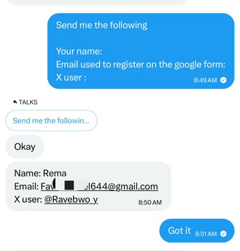 A chat exchange showing someone requesting a content creator's name, registration email, and X (Twitter) user, with the respondent sharing "Rema" as the name, an email ending in "j644@gmail.com," and the handle "@Ravebwo.y," likely in response to an opportunity to join a paid content ambassador program.