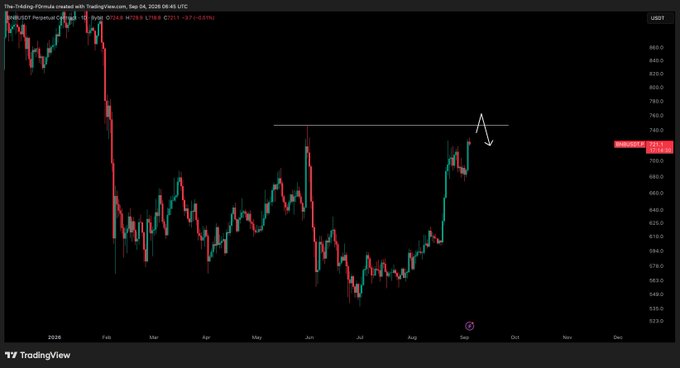 A candlestick chart of BNB/USDT on TradingView shows a recent rally approaching a key resistance level near 745, with a hand-drawn annotation indicating an expected upward sweep followed by a rejection and potential short entry, aligning with the post's outlook for a liquidity grab and short setup.