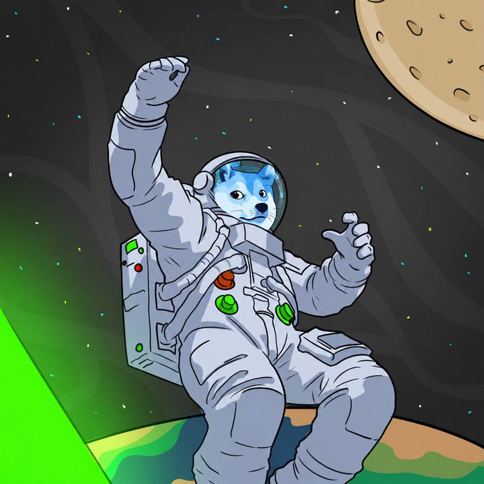 A cartoon illustration of a Shiba Inu dog wearing an astronaut suit, floating in space with the moon in the background