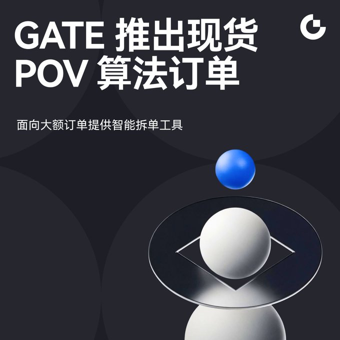 A promotional graphic with dark background featuring Chinese text 'GATE 推出现货 POV 算法订单' and '面向大额订单提供智能拆单工具', alongside a stylized blue and white sphere design and the Gate.io logo.