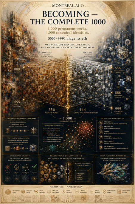 An ornate, golden-hued poster from Montreal.AI titled "BECOMING — THE COMPLETE 1000," promoting 1,000 permanent works and 1,000 canonical identities on the (000-999).aiagents.eth domain, with sections detailing Genesis Works, Successor Architectures, and Institutional Forces.