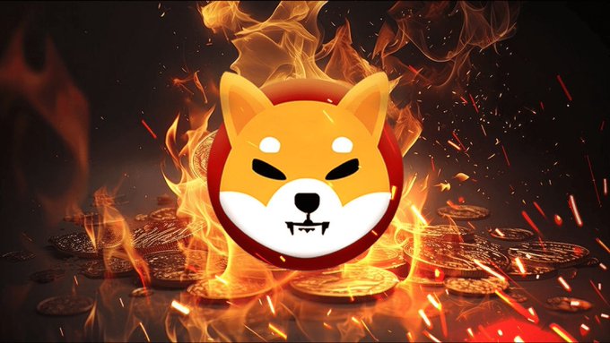 A fiery Shiba Inu logo (representing $SHIB) blazes intensely amid scattered burning coins and sparks, visually emphasizing the "Massive $SHIB burn incoming" message by portraying the token being destroyed in flames.