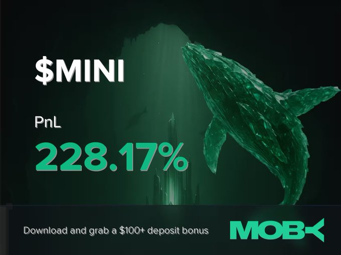 A promotional graphic for Moby Mobile featuring a large green whale illustration alongside the text "$MINI" with a PnL of "228.17%," promoting a $100+ deposit bonus and highlighting a trader's successful +228.17% profit on the $MINI position.