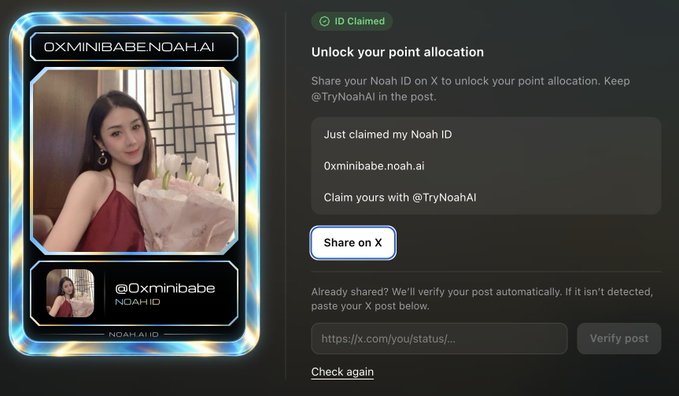 A digital Noah ID card displays the username "OXMINIBABE.NOAH.AI" alongside a photo of a woman holding a bouquet of flowers, paired with an @0xminibabe handle. The interface shows an "ID Claimed" status with pre-filled text reading "Just claimed my Noah ID" and "Claim yours with @TryNoahAI," directly corresponding to the accompanying post about claiming a Noah ID through the TryNoahAI platform.