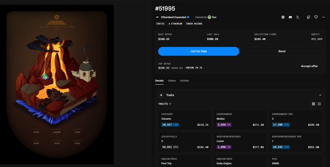 A digital marketplace listing for an ARIA NFT #51995 showing trading traits, prices, and rarity statistics.