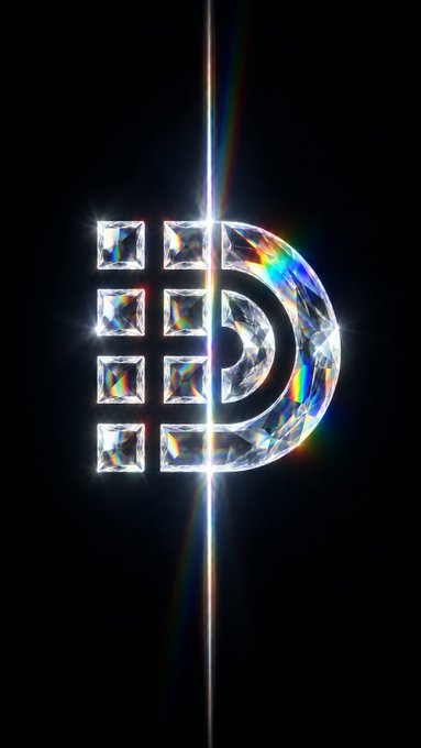 A stylized digital artwork of the DJI logo rendered as crystal/diamond shapes against a black background, with a bright vertical light beam creating a rainbow refraction effect through the letters.