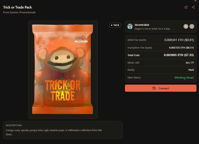 A digital collectible page titled “Trick or Trade Pack” from Karmic Promotionalz shows an orange Halloween pack, artist fee “0.000341 ETH,” total cost “0.003065 ETH ($7.33),” and status “Minting Now!”