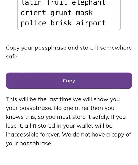 The image shows a Pi Wallet passphrase consisting of 12 words (latin, fruit, elephant, orient, grunt, mask, police, brisk, airport), with a purple "Copy" button and a warning that this is the last time the passphrase will be displayed, emphasizing that Pi Network cannot recover it if lost.

This relates to the post's warning about safeguarding your Pi Wallet passphrase, reinforcing the message that only you are responsible for protecting your wallet credentials.