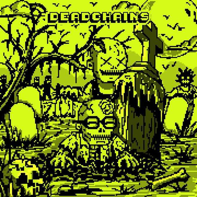 A green-tinted pixel art illustration titled 'DEADCHAINS' depicts skeleton figures, gravestones, and a grim reaper in a graveyard setting.