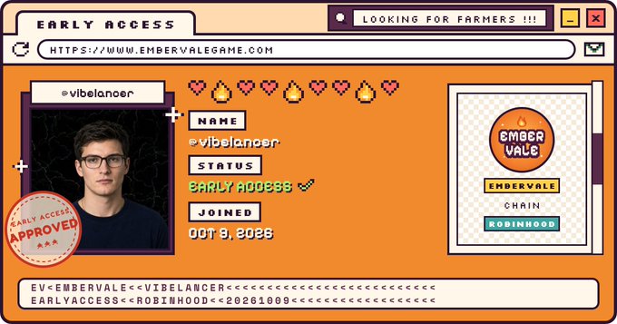 A pixel-art style graphic titled 'EARLY ACCESS' with the URL 'HTTPS://WWW.EMBERVALEGAME.COM', showing a profile for 'vibelancer' approved on 'OOT 8, 2025' with the 'EMBERVALE' chain logo.