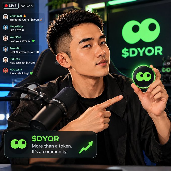 Live stream thumbnail showing '$DYOR' branding with an Asian man holding a circular token, featuring '12.4K' viewers and viewer comments, with text 'More than a token. It's a community.'
