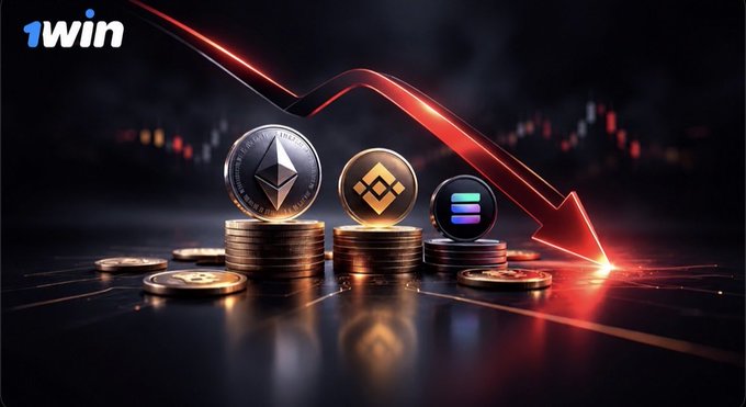 A digital graphic shows cryptocurrency coins with a downward red arrow, branded with "1WIN" in the corner.