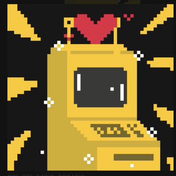A pixel art illustration depicts a yellow retro arcade machine against a dark background with radiating golden rays, featuring a red heart floating above it. The image relates to the post as a cursed art piece from the "BTC MACHINES" collection by the creator @btcordinal.