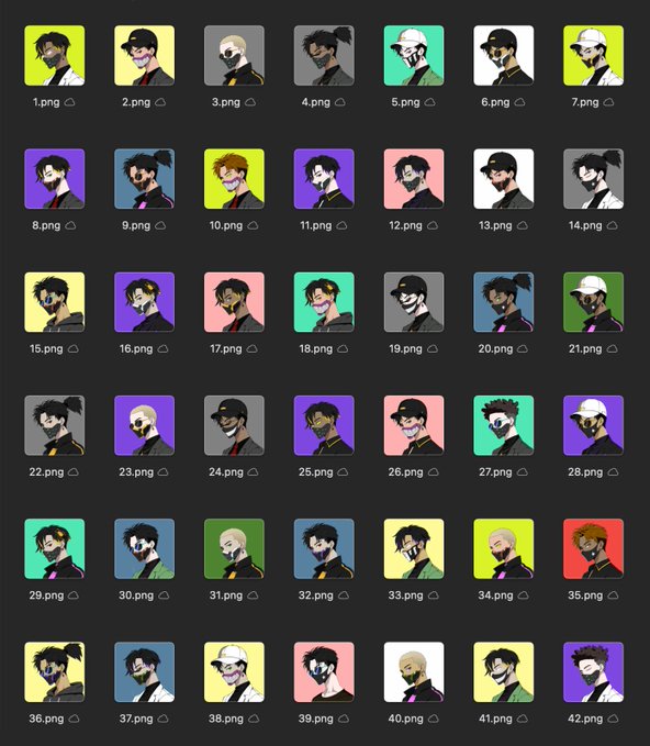 A grid of 42 NFT-style profile picture icons (labeled "1.png" through "42.png") displayed on a dark background, featuring various stylized character portraits with different hairstyles, clothing, and colorful background tiles.

The accompanying post appears to be missing content, but the image suggests it relates to a collection or series of digital avatar art pieces, likely intended for use as NFT profile pictures (PFPs).