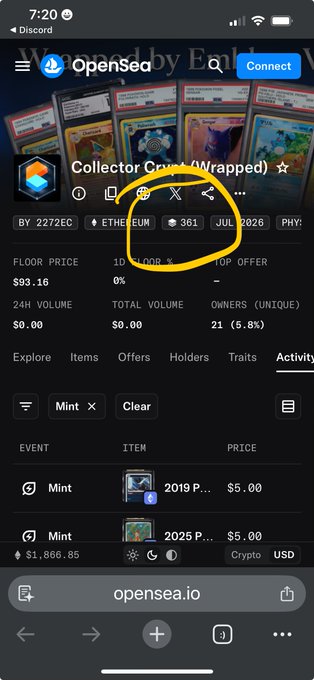 A mobile browser screenshot of OpenSea shows an NFT collection called 'Collector Coins (Wrapped)' with 21 owners, a floor price of $93.16, and a circled area highlighting the top offer icon.