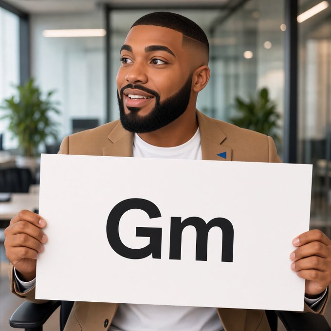 A smiling man in a tan blazer holds up a white sign reading "Gm" in bold black letters, set against a modern office background, perfectly capturing the casual Sunday greeting to followers before diving into the serious topic of digital privacy.
