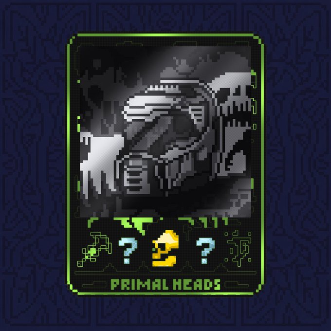 A pixel art digital card labeled "PRIMAL HEADS" featuring a grayscale image of a mechanical skull, with question marks and a golden skull icon below.
