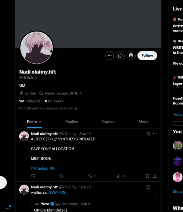 Twitter/X profile screenshot of 'Nadi olaimy.hft' (@NOlaimy) displaying posts about 'ALTER X EGO // SYNTHESIS INITIATED' and 'waifus szn SWAIFUS'.