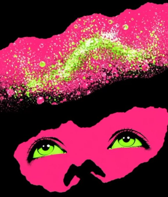An artistic image featuring bright pink lips with a green sparkly smear above, and a separate image of pink lips with striking green eyes below.
